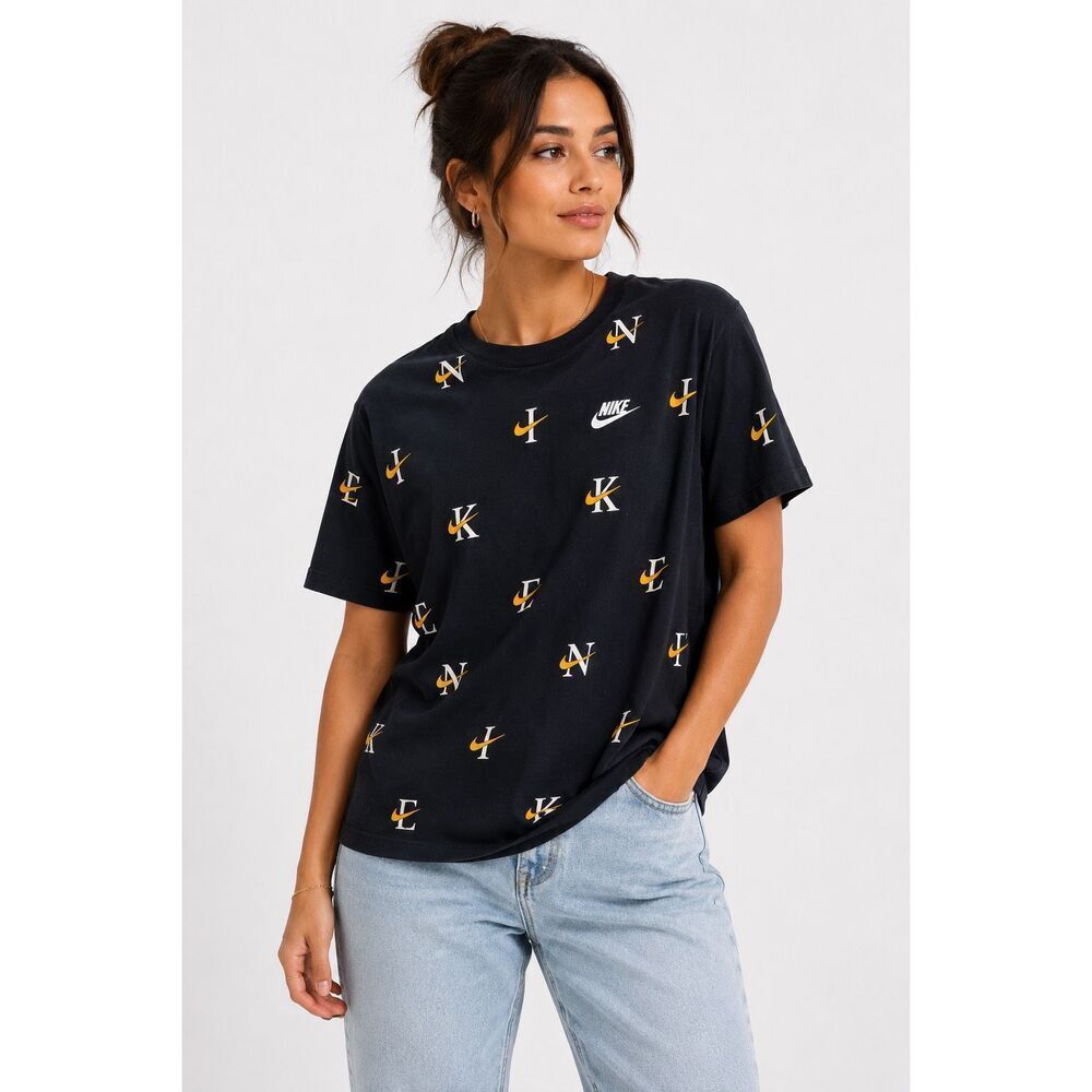 Nike The Nike Tee AOP Logo Print Black Cotton Graphic Tee Womens Oversized M